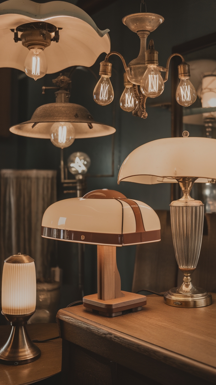 A warm, nostalgic haven bathed in the glow of vintage charm, this room exudes timeless elegance through its curated collection of antique lighting fixtures. The retro lamp with its rounded shade on a wooden stand adds a cozy, mid-century touch, while the ornate chandelier with multiple bulbs casts a soft, inviting light overhead. A brass-based vintage lamp with a crisp white shade introduces a refined, classic element, complemented by a tall, flared-bodied lamp with a dark shade that anchors the space with sophistication. The interplay of warm hues and nostalgic design details creates an inviting atmosphere that celebrates the beauty of bygone eras.