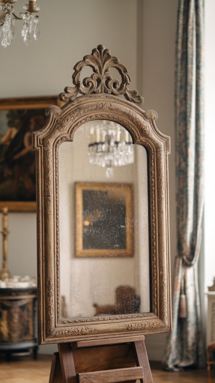 Unearth timeless elegance with this vintage mirror, its ornate frame a whispered story of bygone glamour. The perfect centerpiece for a classically styled room, it reflects not just light, but a captivating sense of history.