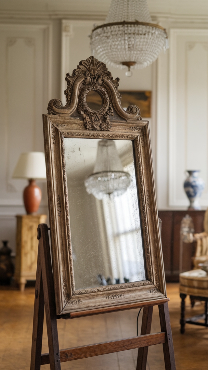 Ready to add a touch of timeless elegance to your space? This stunning vintage mirror, with its exquisitely ornate antique frame, is more than just a reflection – it's a piece of history. Resting on a beautiful wooden stand, it anchors a room filled with classic charm. Imagine the soft glow of the chandelier and lamp reflecting in its surface, the delicate details of the vase nearby, all against the warmth of the wooden floor and crisp white walls. This mirror is a focal point, a conversation starter, and a beautiful way to bring a touch of vintage glamour into your home.