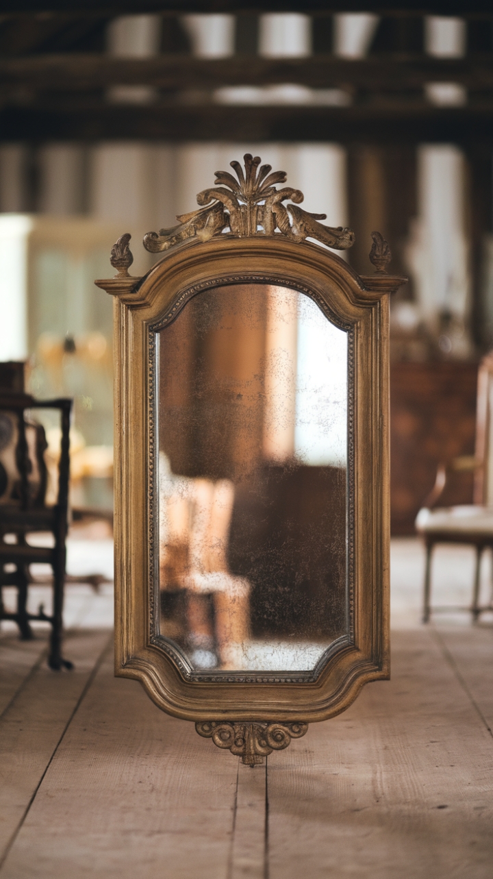 Step into a world of timeless elegance with this breathtaking antique mirror, its gilded frame a testament to bygone craftsmanship. Intricate carvings whisper tales of old-world charm, perfectly complemented by the rustic warmth of the surrounding space. A captivating centerpiece for any discerning collector.