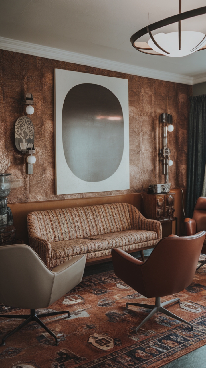 A captivating blend of retro charm and modern sophistication, this living room exudes timeless elegance. The mid-century modern sofa, adorned with a vintage-inspired pattern, anchors the space with its nostalgic allure, complemented by sleek contemporary retro chairs that invite relaxed conversation. Walls showcase a striking modern classic art piece alongside carefully curated vintage decor, creating a layered visual narrative. The modern antique rug underfoot adds warmth and texture, while the retro chic lighting fixture casts a warm, inviting glow. This space masterfully balances nostalgic elements with contemporary flair, crafting a stylish retreat that feels both curated and cozy.