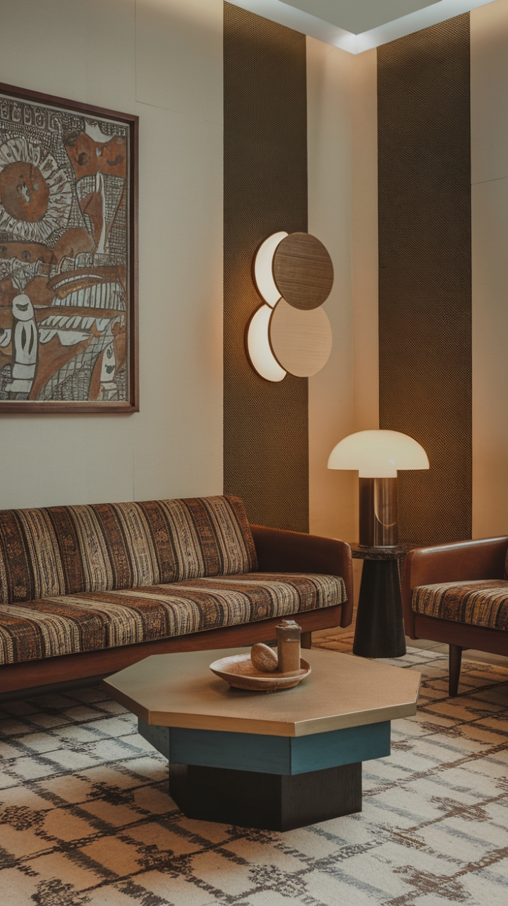 Reimagine retro. This living room is a captivating fusion of modern and vintage aesthetics. A hexagonal coffee table anchors the space, complemented by a mid-century sofa boasting a vintage-inspired print, all set against a backdrop of curated artwork and a contemporary lamp that speaks to a bygone era. The perfect blend of old-world charm and modern sophistication.