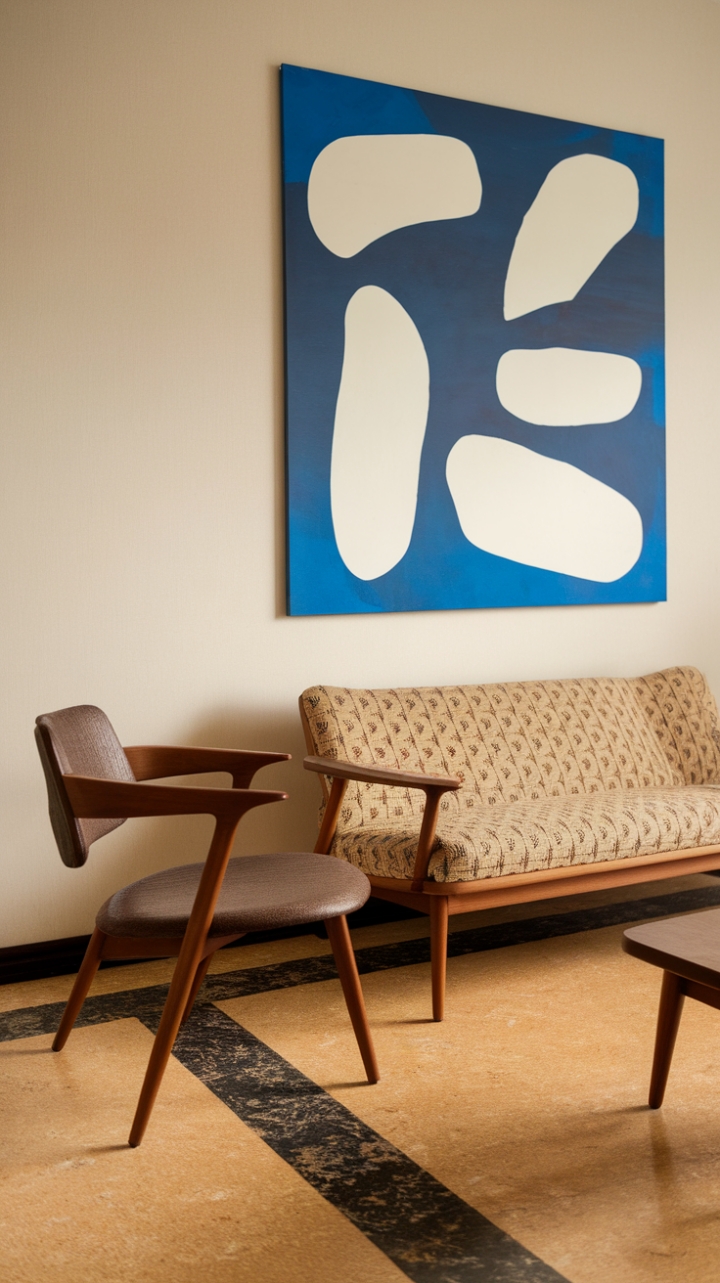 Ready to be transported to a haven of timeless design? This living room is a masterclass in mid-century modern cool. Sink into the inviting embrace of the beige sofa, its clean lines and wooden legs a nod to classic form. Flanking it, a pair of elegantly curved wooden chairs offer a chic spot for conversation. Above, a captivating painting with a serene blue backdrop and intriguing white shapes commands attention, adding a touch of artistic flair. The graphic beige and black patterned floor anchors the space with sophisticated energy. It's a space that feels both curated and comfortable, a true celebration of enduring style.