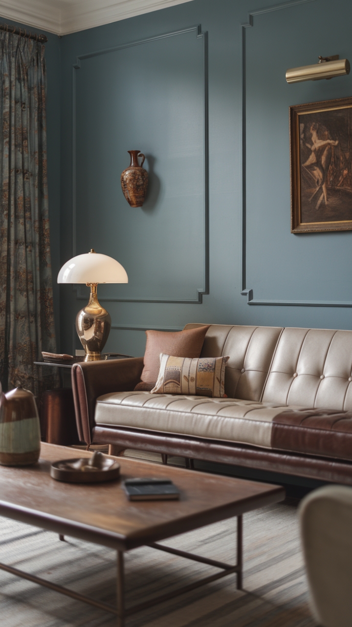Step back in time with a dash of modern flair. This living room effortlessly blends mid-century modern furniture with contemporary accents, creating a retro-chic haven that's both stylish and inviting. The muted blue walls provide a stunning backdrop for the beige and brown sofa, while the vintage-inspired lamp and antique coffee table add a touch of nostalgic charm. Every detail, from the curated wall art to the carefully chosen throw pillows, speaks to a sophisticated and effortlessly cool aesthetic.
