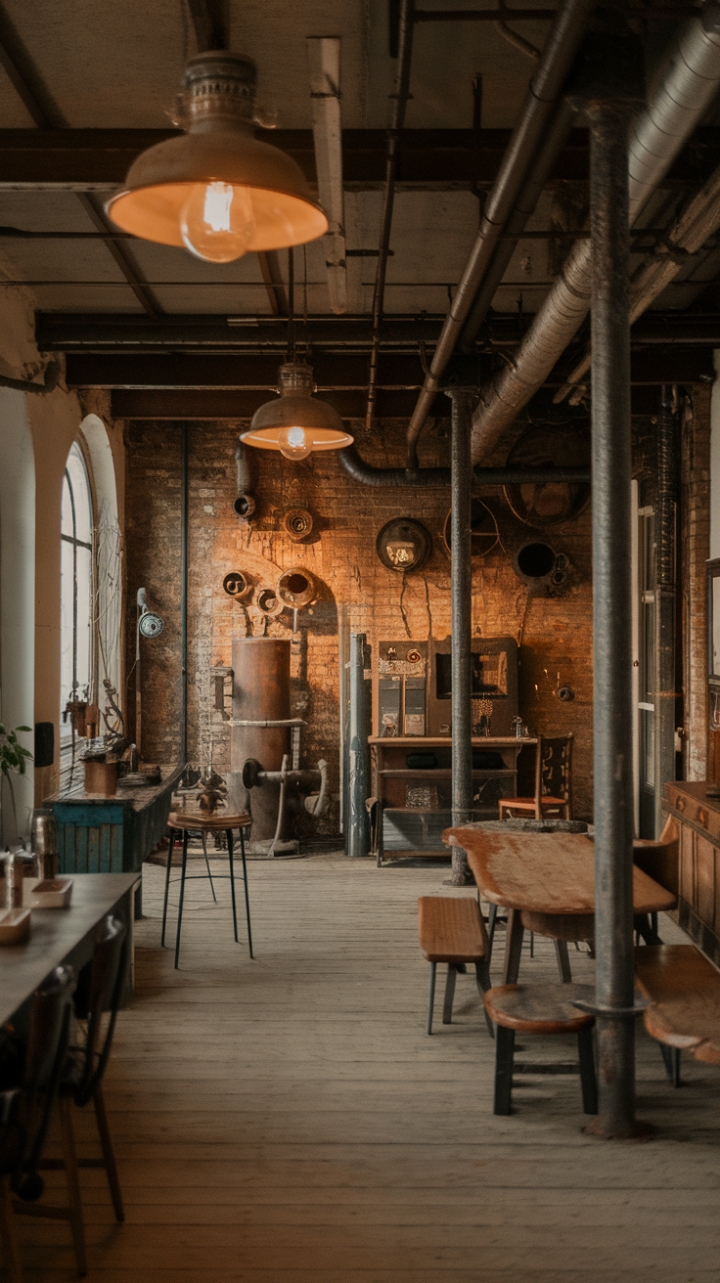 Step into a haven of raw, refined style. Exposed brick whispers tales of the past, while vintage industrial accents—think gleaming pipes, repurposed gears, and a character-filled light fixture—add a touch of gritty glamour. The warm glow of the wooden floor and inviting furniture creates a space that's both strikingly modern and comfortably lived-in. This isn't just a room; it's a statement.