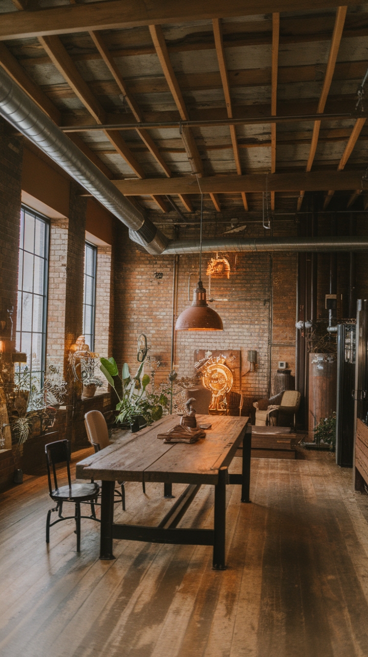 Reclaimed wood beams and exposed brick create a captivating backdrop for this rustic-industrial haven. Vintage lighting, repurposed gears, and a hefty farmhouse table tell a story of timeworn charm and effortless cool. The warmth of the wood flooring and strategically placed greenery softens the industrial edge, resulting in a space that's both stylish and surprisingly inviting.