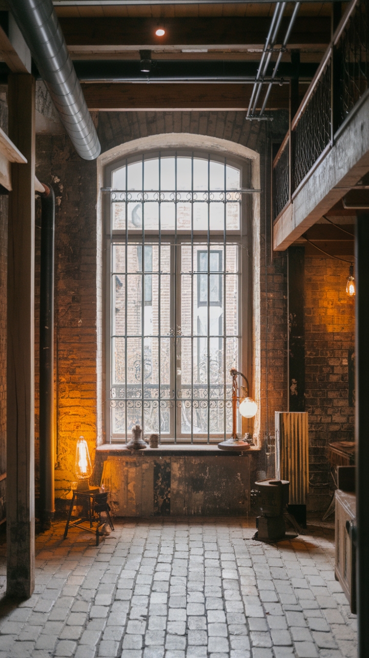 Discover the magic of reclaimed spaces in this breathtaking loft conversion. Industrial elements, like exposed pipes and iron-barred windows, are softened by the warmth of aged wood and a charming cobbled floor. The loft's open railing adds a touch of airy elegance, while the paint-splattered walls tell a story of artistic passion. Vintage details, from the antique lamp to the thoughtfully placed décor, complete this captivating blend of rustic charm and industrial grit. A space where history and modern comfort intertwine seamlessly.
