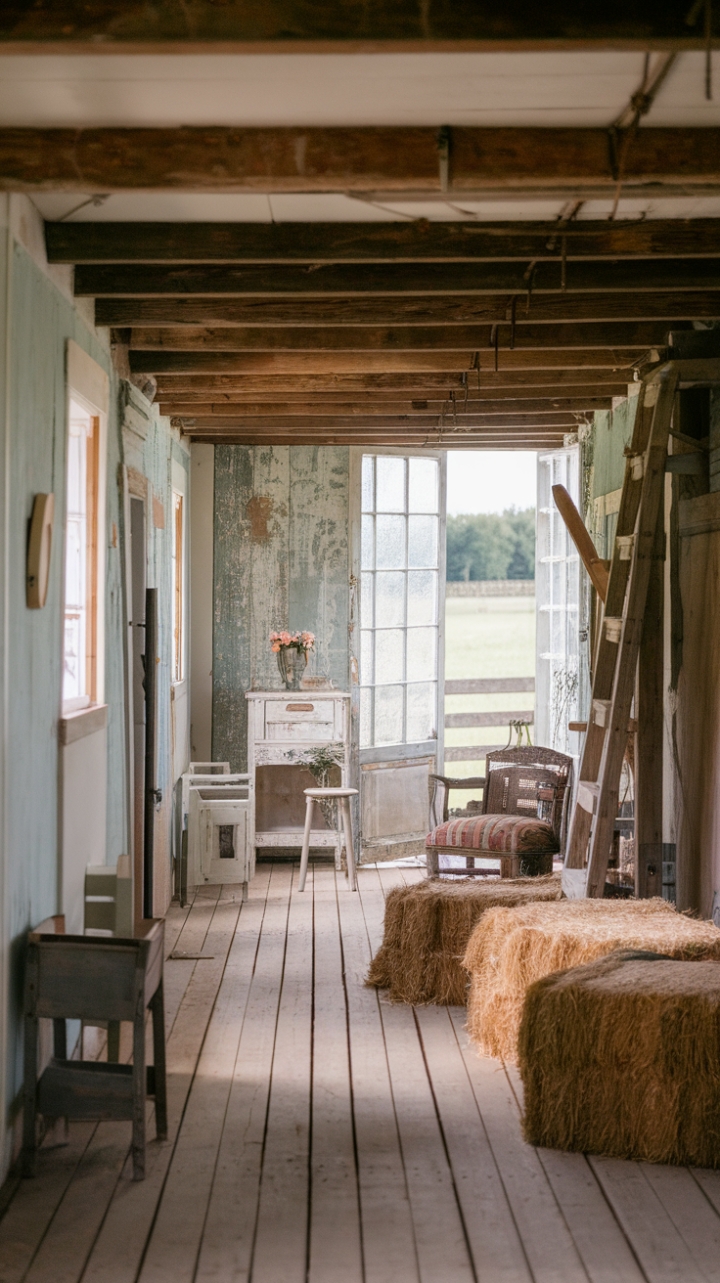 Escape to the countryside in this charming vintage farmhouse. Antique furniture and a touch of barnyard chic—think hay bales and a rustic wooden ladder—blend seamlessly with the home's shabby-chic style. Worn wooden floors and subtly imperfect walls add to the rustic appeal, creating a space that's both inviting and undeniably serene.