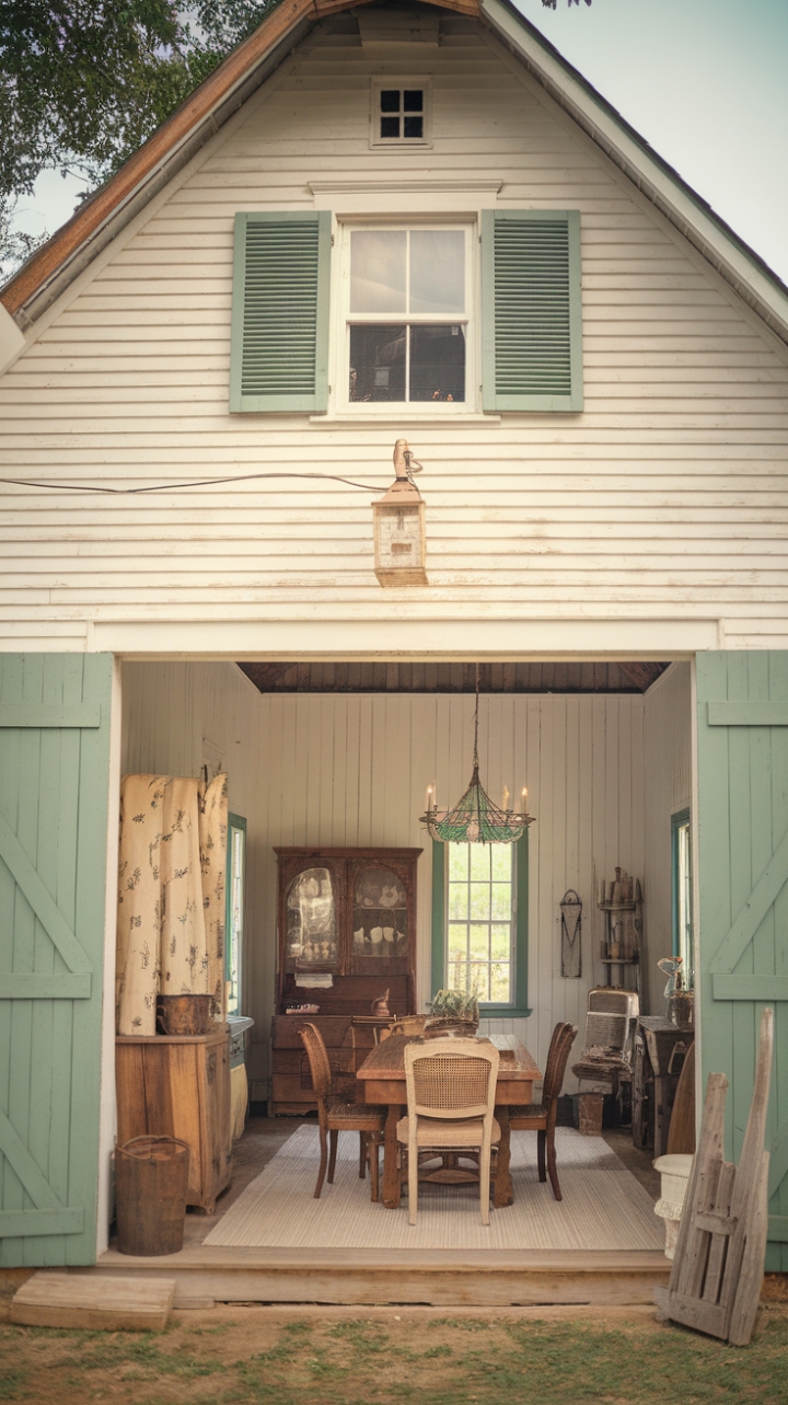 A charming vintage farmhouse exudes timeless appeal with its crisp white exterior accented by lush green shutters, nestled within a picturesque barnyard setting. Inside, the warm embrace of shiplap-paneled walls complements antique wooden furniture—an inviting table, classic chairs, and a rustic cabinet—that evoke a sense of history and craftsmanship. Vintage country accents, from a nostalgic lantern to a weathered wooden bucket, enhance the farmhouse chic aesthetic, creating an ambiance rich in rural charm and cozy sophistication.