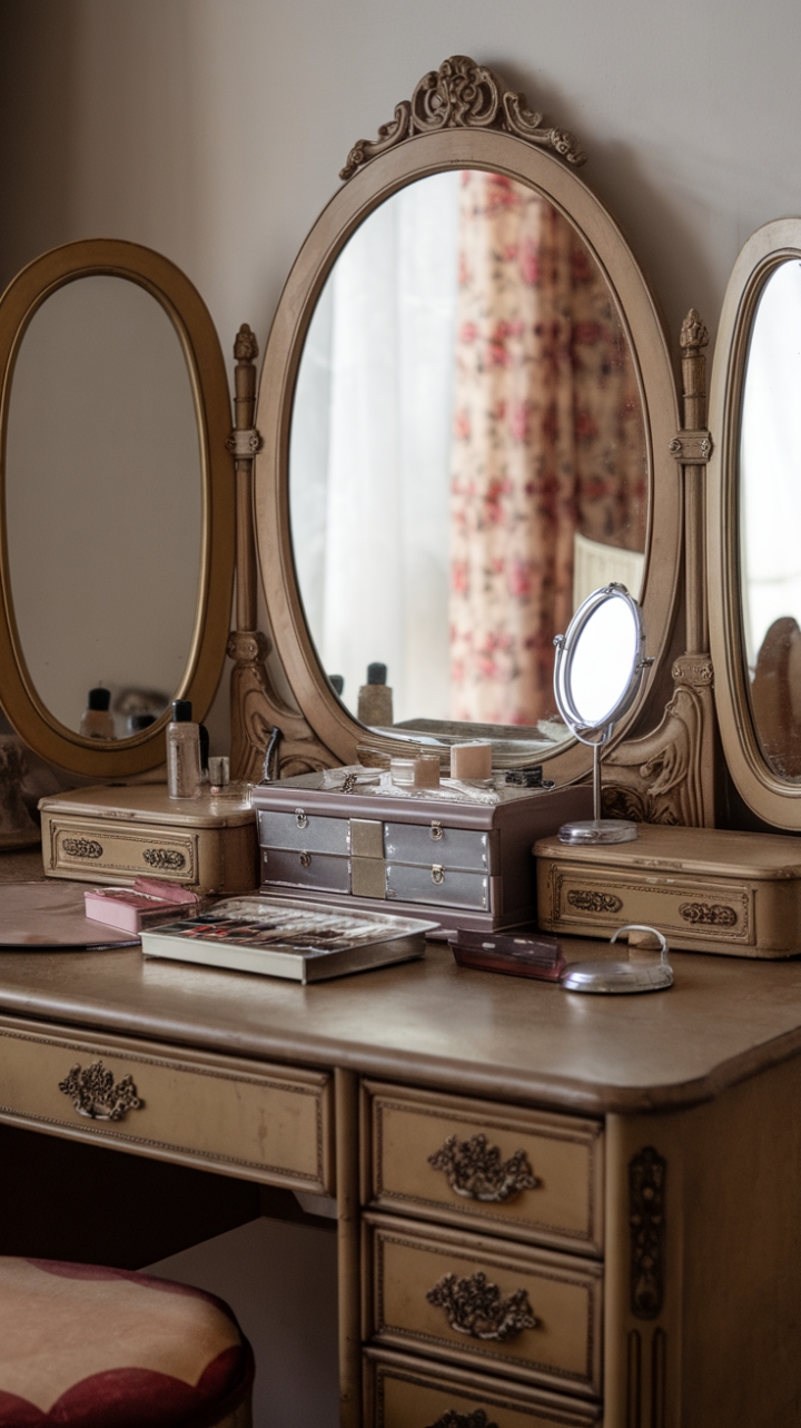 Step back in time with this retro glam vanity, a captivating blend of vintage charm and Hollywood elegance. The ornate details, antique mirror, and perfectly placed jewelry box whisper stories of old-world glamour, promising a touch of timeless beauty to your boudoir. Prepare for your close-up!