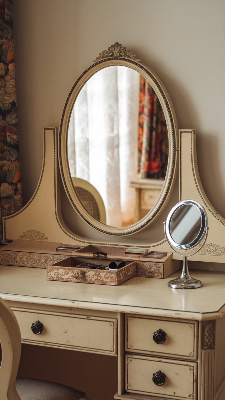 A captivating vintage vanity exudes timeless elegance, featuring an ornate antique dressing table crowned with a classic mirror that reflects nostalgic glamour. The retro glam station is adorned with a charming vintage jewelry box, adding a touch of sparkle and sophistication. Its intricate craftsmanship and antique beauty console evoke a sense of bygone luxury, transforming everyday routines into a glamorous ritual.