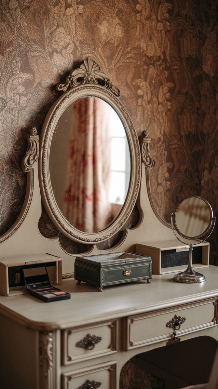Ready to add a touch of old-world glamour to your space? This exquisite vintage vanity, complete with an antique dressing table and retro makeup station, is a true showstopper. Its ornate design, elaborate frame, and classic mirror evoke a bygone era of elegance. Adorned with a vintage jewelry box and cosmetic mirror, it's the perfect spot to prepare for your day or evening. The backdrop of vintage floral wallpaper completes this enchanting scene, creating a space that feels both timeless and utterly charming.