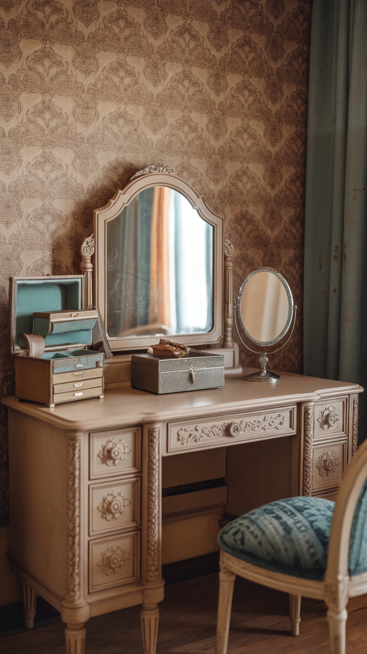 Step back in time with this exquisite vintage vanity, a testament to old-world craftsmanship. Intricate carvings and a classic silhouette create a captivating focal point, complemented by a trove of antique treasures – a jewelry box whispering tales of bygone eras and a vanity mirror promising glamorous reflections. The retro-chic backdrop adds a touch of playful nostalgia, transporting you to a world of timeless elegance.