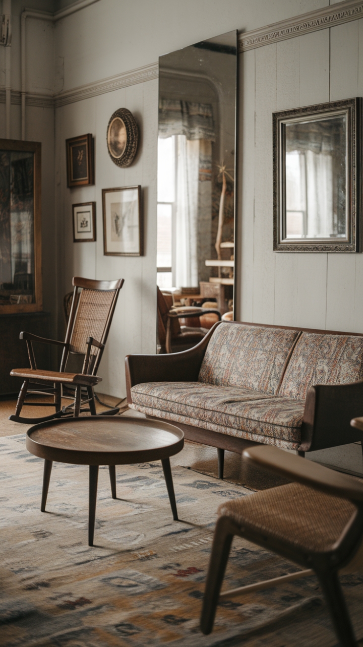 Step back in time with this captivating living room, where mid-century modern grace meets the charm of cherished antiques. A patterned sofa takes center stage, its curves complemented by a rustic coffee table and a cozy rocking chair, all anchored by a richly patterned rug. Framed art and a gleaming mirror add personality to the walls, creating a space that whispers stories of bygone eras and invites you to linger.