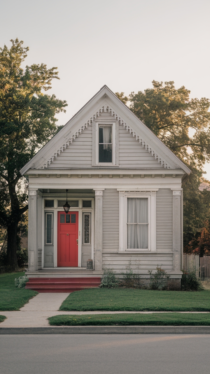 Step into timeless elegance. This charming vintage home, with its vibrant red door and crisp white trim, whispers stories of bygone eras. Antique details, from the quaint lantern to the stately porch columns, add a touch of old-world sophistication. Picture yourself relaxing on the lush green lawn, the quiet street a tranquil backdrop to your idyllic retreat.