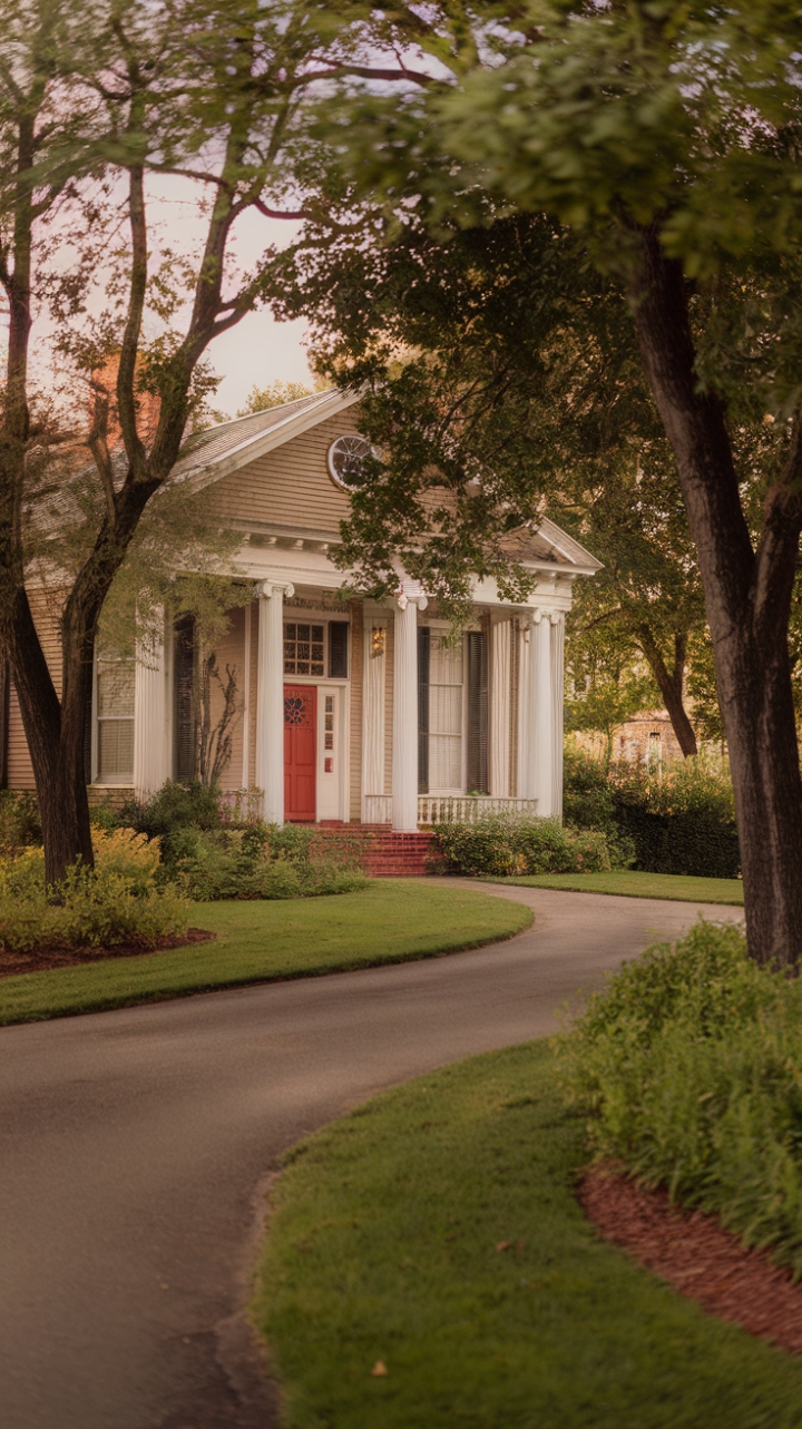 Imagine coming home to this! A timeless beauty, this vintage home beckons with its striking red door and stately white columns. Nestled amidst a verdant landscape of mature trees and shrubs, the classic architecture speaks of enduring charm. A welcoming driveway winds its way through the lush greenery, leading you to this picturesque retreat. The warm light of the day bathes the scene, creating an inviting and serene atmosphere.