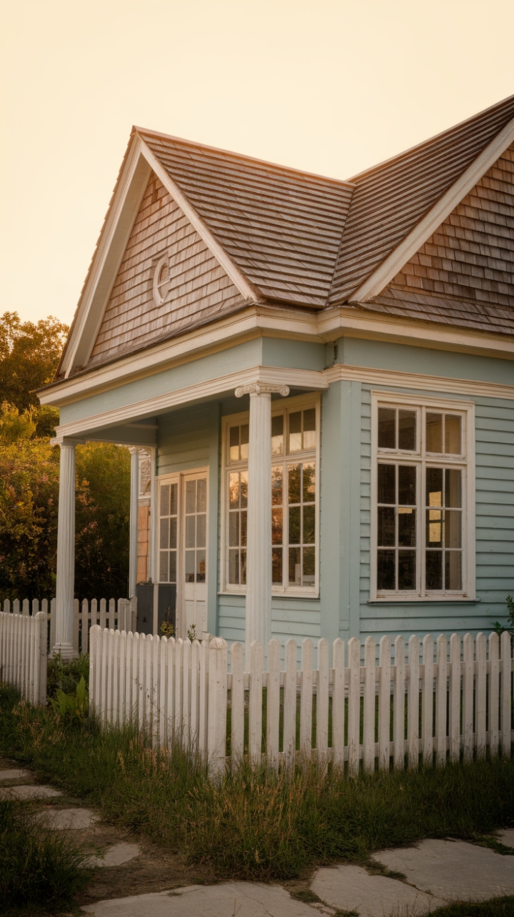 Step into a timeless dream. This charming vintage home, bathed in golden hour light, whispers tales of bygone elegance with its powder-blue facade, crisp white columns, and inviting wooden shingles. The perfectly manicured lawn and white picket fence complete the idyllic picture of peaceful country living. Every detail, from the generous windows to the winding pathway, speaks to a life lived beautifully.