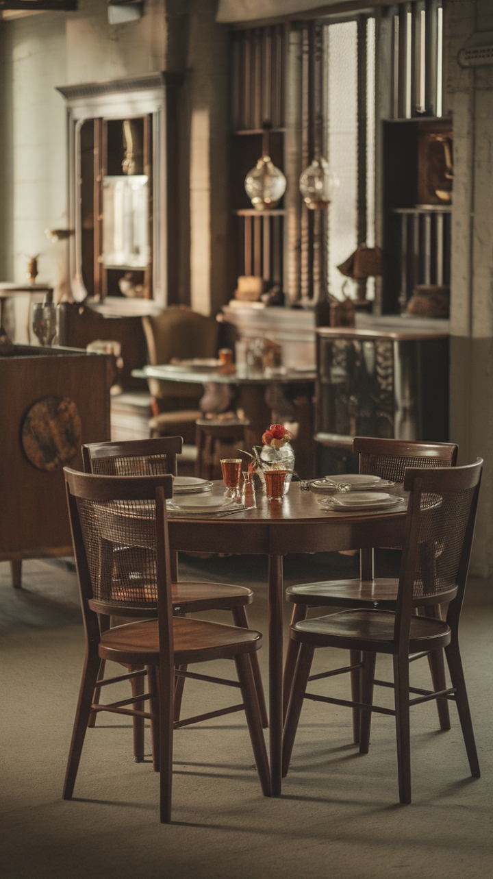 Indulge your senses in the captivating allure of this retro dining space. Antique dining chairs surround a vintage table, creating a scene of timeless sophistication. The nostalgic atmosphere is palpable, transporting you to a bygone era of grace and refined gatherings. This isn't just a dining room; it's a portal to a world of elegance and unforgettable moments.