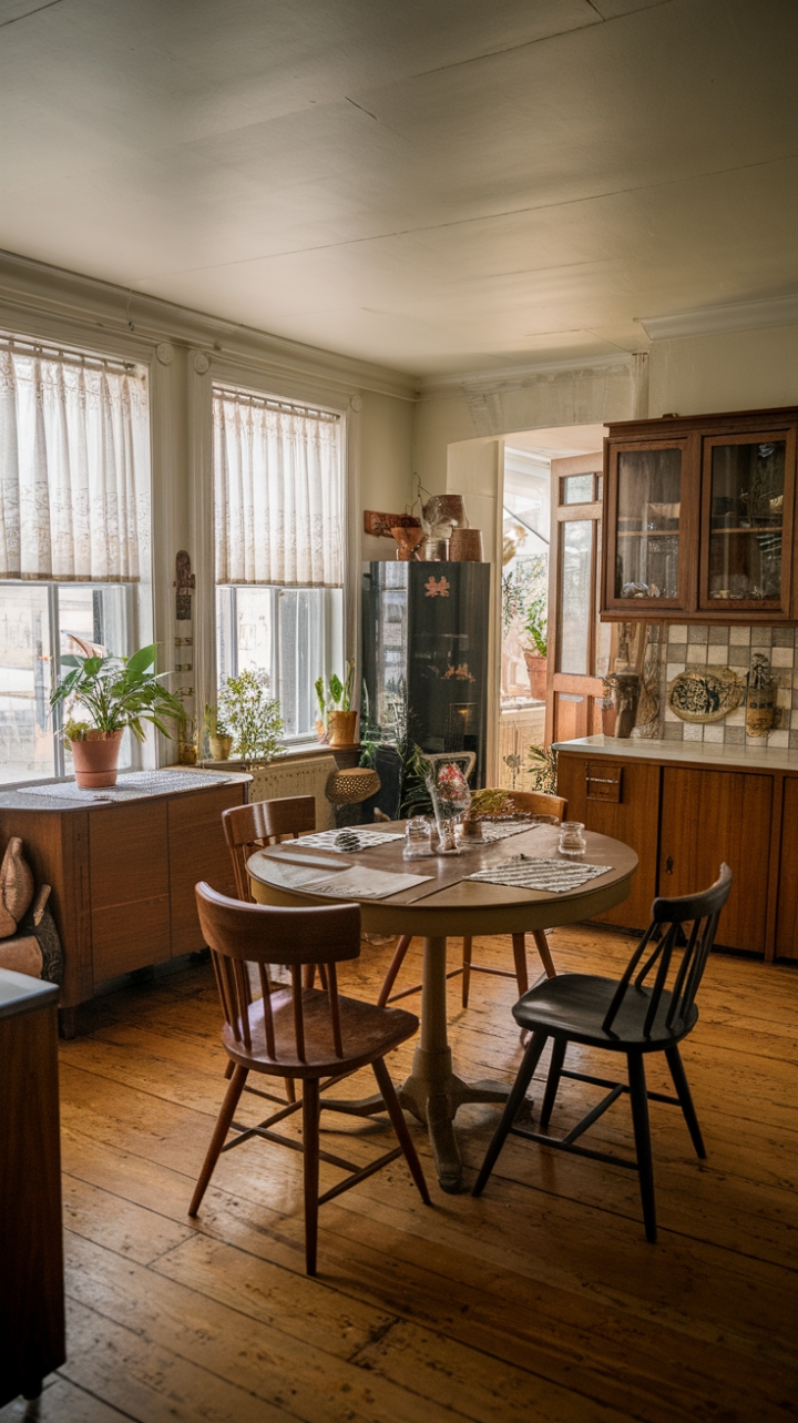 Ready for a trip down memory lane? This dining room is a love letter to the past, where every detail tells a story. Imagine gathering around this vintage table, set with a charmingly nostalgic spread. The antique chairs invite you to linger, while the retro kitchen dining setup adds a playful touch. Warm wooden floors and a touch of greenery complete this timeless scene, proving that classic style never goes out of fashion.