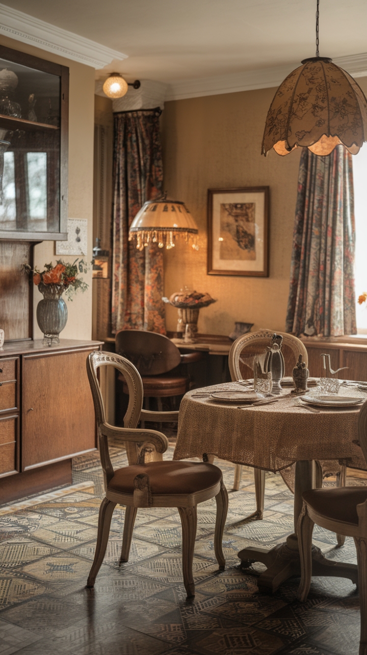 Ready for a trip down memory lane? This vintage dining room is a masterclass in nostalgic charm. Imagine gathering around this classic table, set with a delightful patterned tablecloth and gleaming antique silverware – every detail whispers stories of meals shared and laughter echoed. The retro kitchen dining area, with its playful patterned floor and sturdy wooden cabinet, feels like the heart of the home. Those antique dining chairs, with their elegant curved backs and decorative legs, invite you to linger. Soft, warm lighting bathes the room, highlighting the delicate floral lampshade, the vibrant vase of flowers, and the framed artwork on the warm beige walls. It's a space that feels both timeless and utterly inviting.