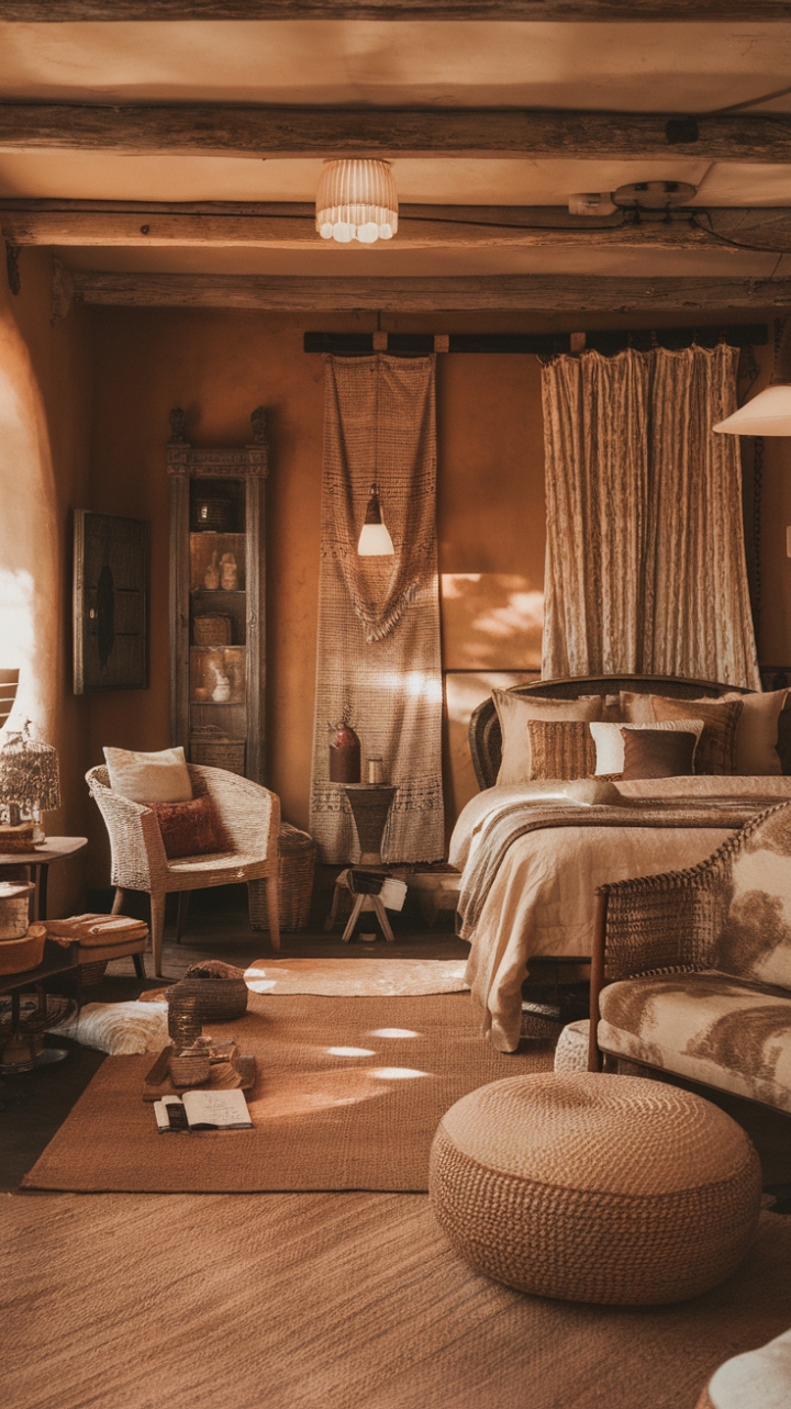 Step into a haven of bohemian bliss where vintage charm meets rustic elegance. Warm, earthy tones embrace you in this sun-drenched bedroom, a sanctuary crafted with reclaimed wood, textured textiles, and antique furniture that whispers stories of bygone eras. The retro lighting casts a soft glow, enhancing the room's captivating blend of textures and timeworn treasures.