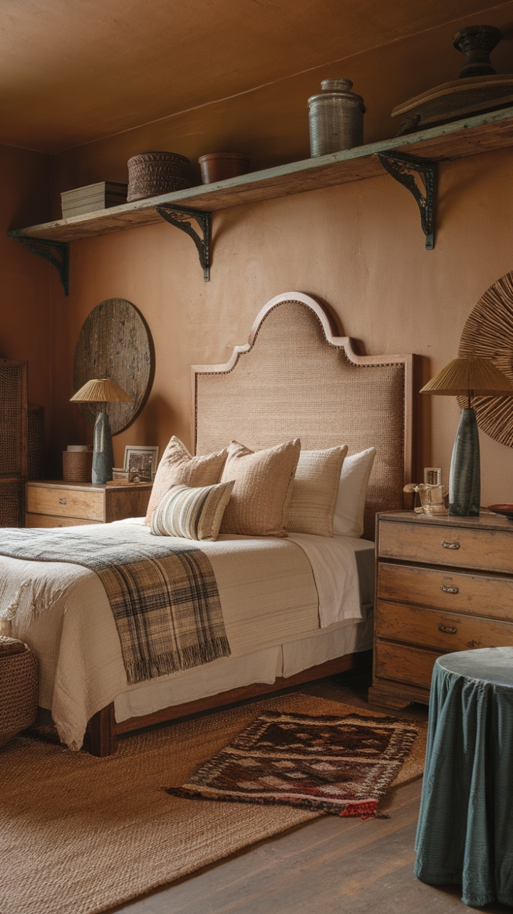 Step into a haven of bohemian charm where vintage whispers meet modern comfort. Warm, sun-drenched walls embrace antique furniture, a textured headboard, and a woven rug that grounds the space in rustic elegance. Reclaimed wood shelves add character, while retro lamps cast a soft glow, creating the perfect sanctuary for peaceful nights.