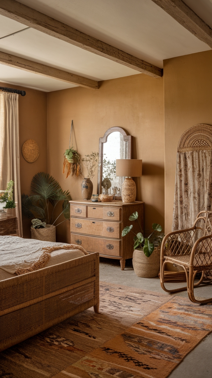 Ready to escape to a cozy, sun-drenched sanctuary? This vintage bedroom whispers tales of faraway lands and slow, peaceful mornings. A natural color palette, anchored by warm beige walls, creates an instantly calming atmosphere. An antique wooden dresser, complete with a charming mirror and a soft-glowing lamp, adds a touch of timeless elegance. Beneath your feet, a beautifully patterned rug grounds the space, while the woven texture of the bed invites you to sink in and relax. Nestled beneath a rustic wooden beam, the bed feels like a private retreat. Lush plants, rich textiles, and a stylish rattan chair complete this bohemian haven, bathed in the softest light.