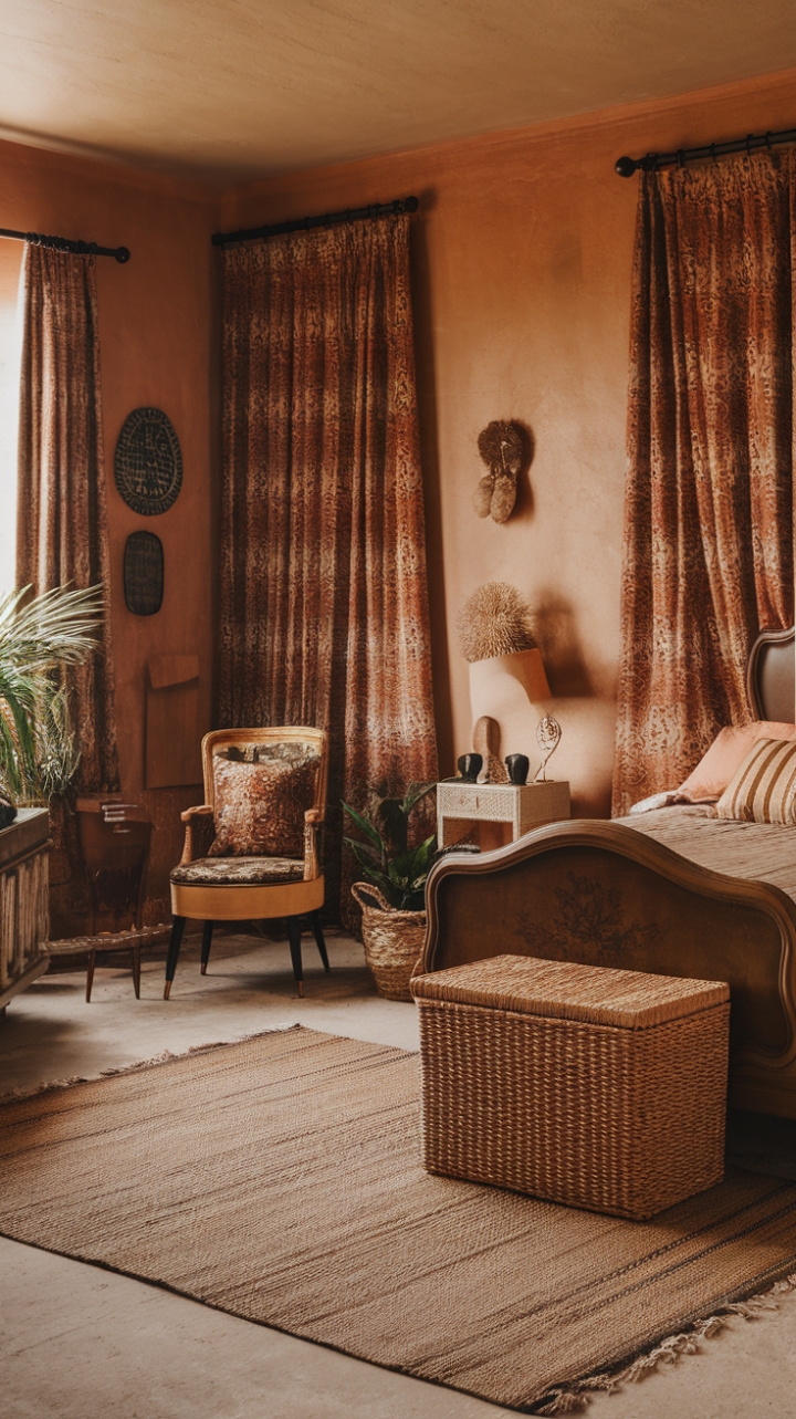 A captivating blend of vintage charm and bohemian allure, this bedroom exudes warmth and earthy serenity. The antique wooden bed, complemented by a woven basket at its foot, invites cozy relaxation, while the retro-style chair with a patterned cushion adds a touch of playful sophistication. Textured rugs and carefully curated wall accents, including a patterned curtain and a charming lamp, create layered visual interest. Lush greenery scattered throughout the space enhances the natural color palette, fostering a tranquil sanctuary that celebrates rustic elegance and boho spirit in perfect harmony.