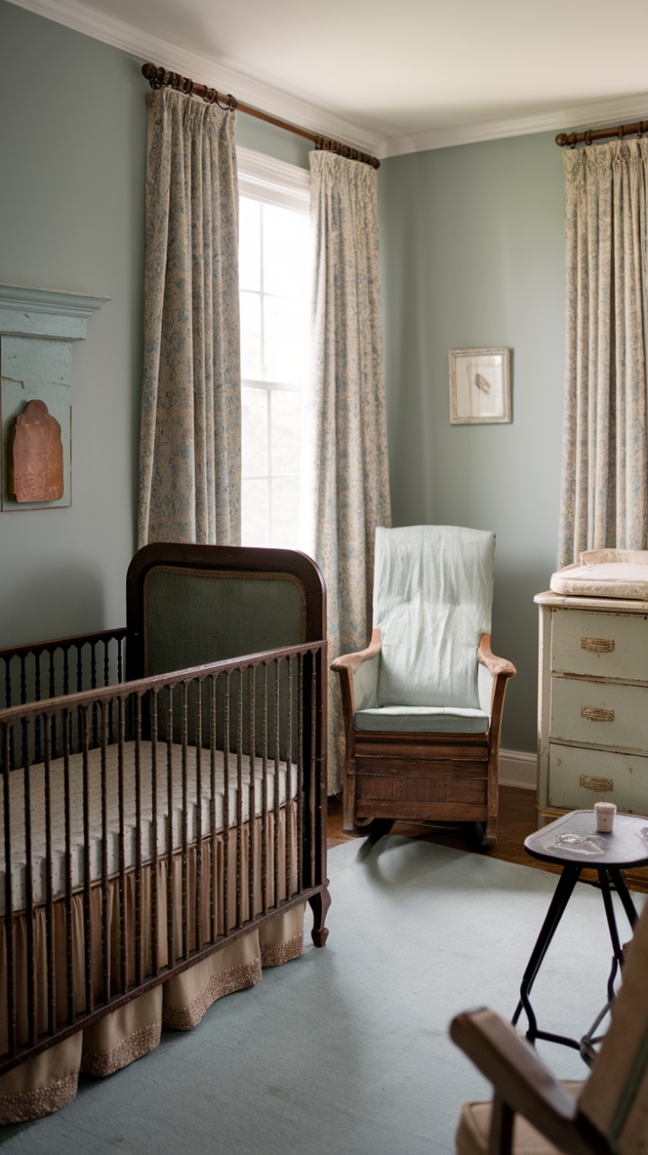 A charming vintage nursery exudes timeless elegance with its soft blue walls and shabby chic accents. An antique baby crib with intricate detailing anchors the space, complemented by a classic dresser that adds a touch of nostalgia. A cozy rocking chair invites moments of gentle lullabies, while a petite table offers a perfect spot for treasured keepsakes. Flowing curtains frame the window, bathing the room in natural light and enhancing its warm, inviting ambiance. This nostalgic retreat seamlessly blends vintage charm with delicate sophistication, creating a serene sanctuary for both baby and parent.