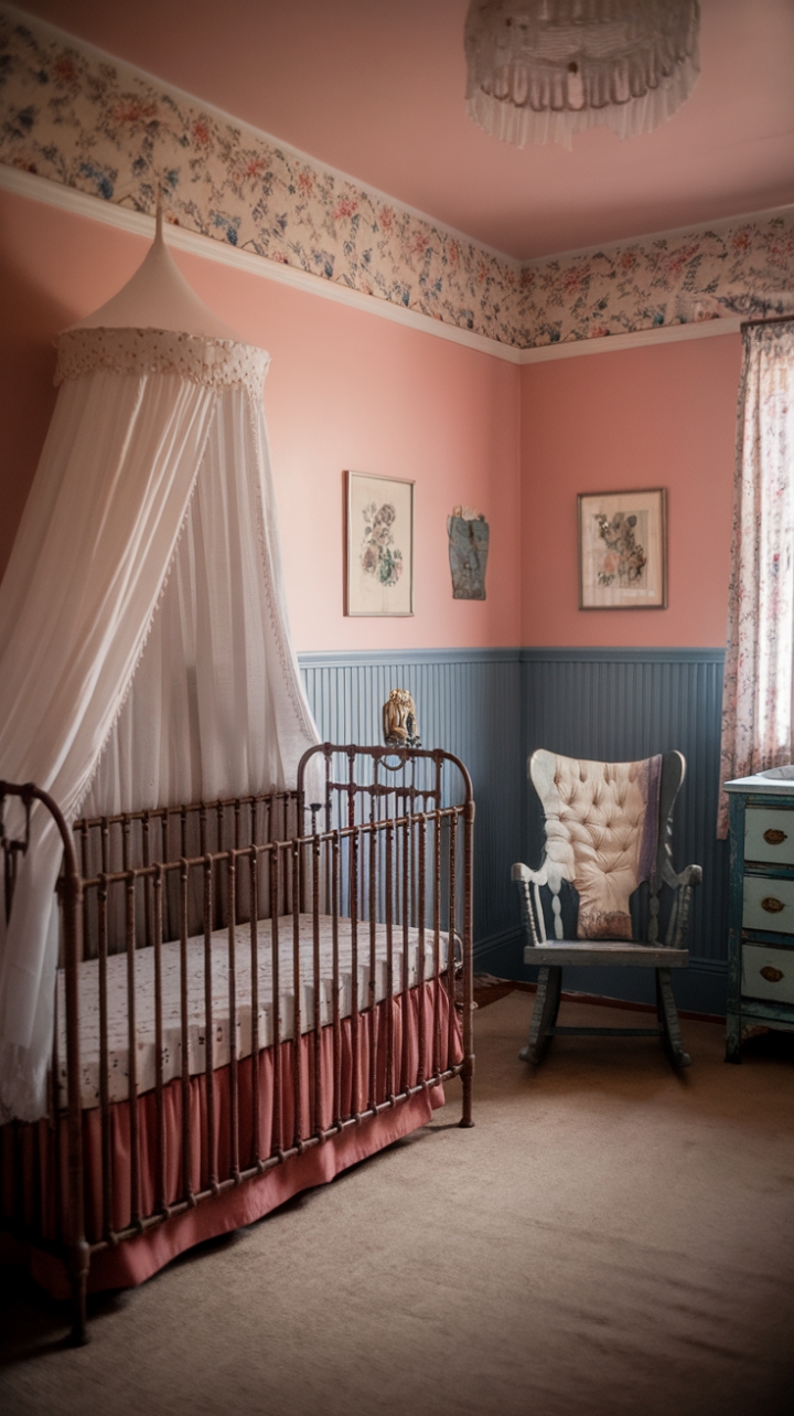 Step into a dream: This vintage nursery whispers tales of gentle lullabies and sweet dreams. A pristine white canopy crib, a shabby-chic dresser, and soft pink and blue walls adorned with delicate floral wallpaper create a haven of nostalgic charm. The vintage rocking chair beckons for quiet moments of connection, making this space a timeless treasure for both parent and child.
