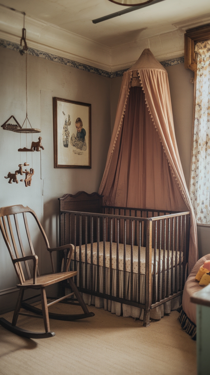 Ready for a dose of pure, unadulterated charm? This vintage nursery is a love letter to a bygone era, where sweet dreams were spun under a delicate canopy. Imagine the gentle creak of the antique rocking chair, the soft glow filtering through the window, and the whimsical dance of wooden animals on the mobile. Every detail, from the framed illustration to the perfectly imperfect wear on the furniture, tells a story of cherished moments and timeless style. It's a space that feels lived-in and loved, a true shabby chic sanctuary for the littlest member of the family.