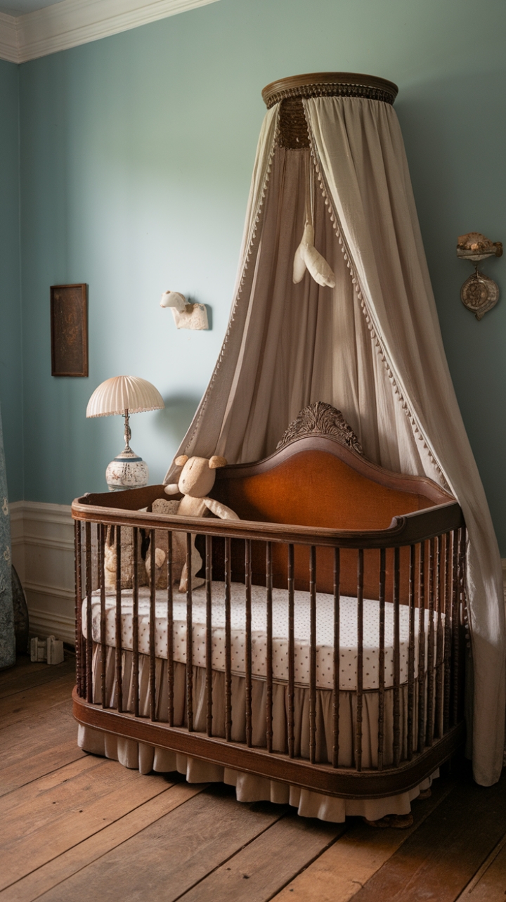 Ready for a trip back in time? This vintage nursery is a dream! A classic antique crib with a charming wooden frame and delicate canopy takes center stage, promising sweet dreams for a little one. The soft blue walls create a serene backdrop, while playful soft toys, a whimsical lampshade, and a decorative touch atop the crib add personality and warmth. The beautiful wooden plank flooring completes this timeless and inviting space.