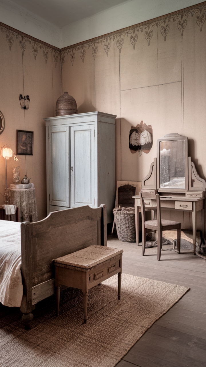 Indulge your senses in the captivating charm of this rustic-chic boudoir. An antique wooden bed takes center stage, its aged patina a testament to time well-spent. A symphony of textures—from the woven rug beneath to the intricately patterned walls—creates a space brimming with character. A vintage wardrobe, dressing table, and chair complete the ensemble, while carefully chosen accents—a lamp, vase, and basket—add the perfect finishing touches to this nostalgic retreat.