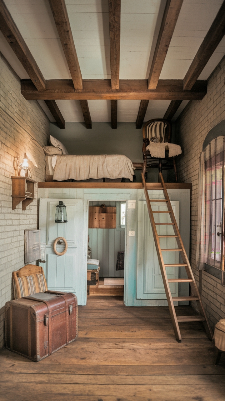 Escape to a dreamy bedroom where shabby chic meets rustic romance. The aged wooden planks, exposed brick, and a ladder ascending to a tranquil loft bed evoke a sense of timeless beauty. Every detail, from the vintage suitcase to the softly lit lantern, contributes to the room's captivating old-world allure.