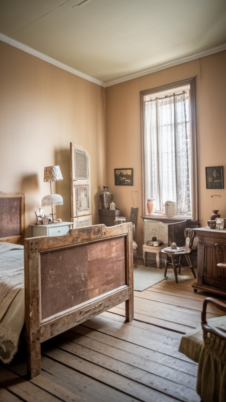 Embrace the allure of faded grandeur in this shabby-chic sanctuary. A symphony of rustic textures and antique treasures creates a bedroom brimming with character. The antique wooden bed, with its weathered headboard and sturdy frame, takes center stage, surrounded by a curated collection of vintage furniture and personal touches. Sunlight streams through the lace-curtained window, illuminating the warm, inviting atmosphere – a space where history and comfort intertwine seamlessly.