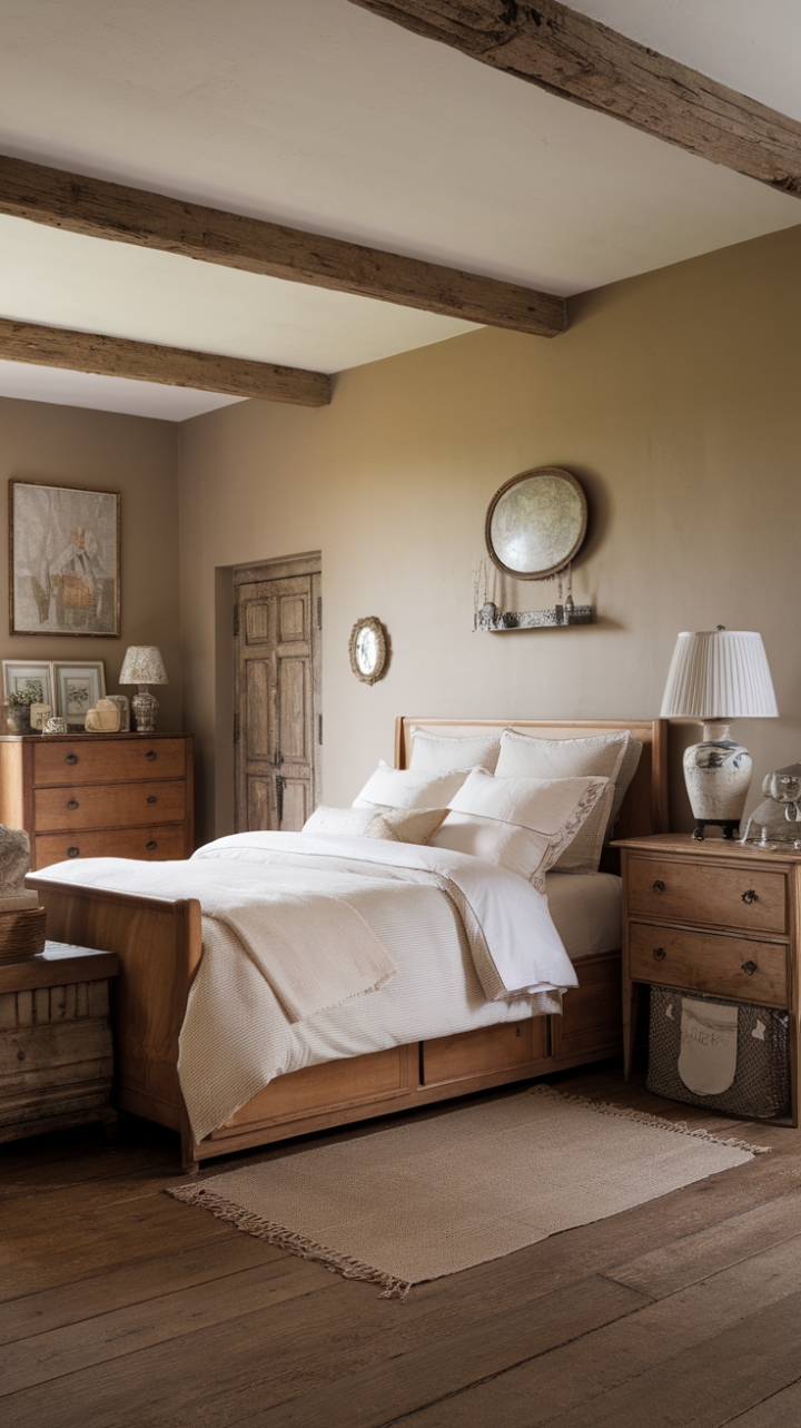 A charming vintage farmhouse bedroom exudes warmth and nostalgia, blending rustic charm with shabby chic elegance. The wooden bed, dressed in a crisp white duvet and plush pillows, invites restful serenity against beige-painted walls that radiate soft, natural light. Nearby, a weathered wooden dresser adds character and storage, while a classic white lampshade atop the wooden nightstand offers a gentle glow. Rich wooden flooring grounds the space, complemented by vintage furniture and rustic accents that create a cozy, welcoming retreat filled with timeless appeal and heartfelt charm.