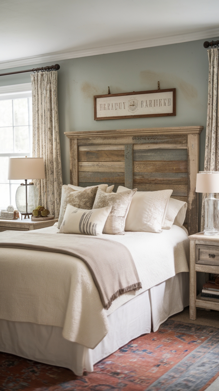 Ready for a bedroom refresh that feels like a warm hug? This vintage farmhouse retreat is pure comfort and charm. Imagine sinking into that plush queen-size bed, layered with a crisp white bedspread and an inviting collection of throw pillows. The focal point? A beautifully distressed wooden headboard that whispers stories of days gone by. A simple nightstand with a soft-glowing lamp sits bedside, perfect for late-night reads. Underfoot, a cozy rug adds another layer of texture, while the gentle light blue walls and flowing curtains create a serene and airy atmosphere. It's a space designed for sweet dreams and slow mornings.