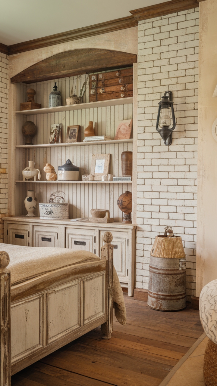 Escape to tranquility in this idyllic farmhouse haven. The soft beige and white brick walls, distressed wood bed, and charming country-style shelving unit filled with cherished objects create a space that's both inviting and effortlessly stylish. The warm wooden floors and soft lighting enhance the cozy ambiance, making it the perfect sanctuary for peaceful nights.