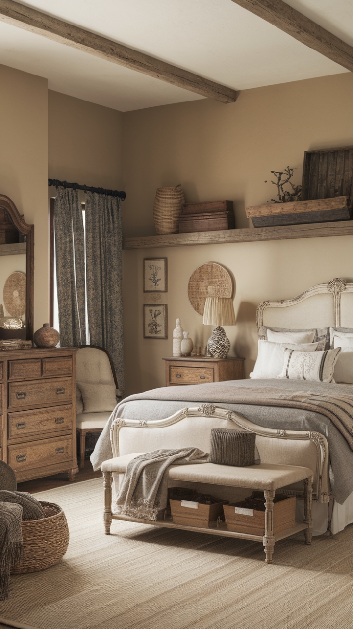 Step into this charming vintage farmhouse bedroom, where rustic elegance and cozy comfort intertwine. The soft beige walls create a warm backdrop for the intricately carved vintage headboard, adding a touch of timeless craftsmanship. The queen-sized bed, dressed in a crisp white frame and complemented by a plush gray blanket, invites restful nights. Vintage furniture pieces, including a wooden dresser with a mirror, a bedside table, and a classic chair, enhance the room’s nostalgic appeal. Rustic accents like a woven basket, a wooden storage box, and a charming lampshade infuse the space with country-inspired character. The beige rug underfoot grounds the room in warmth and texture, making this retreat a perfect haven of rustic charm and inviting serenity.
