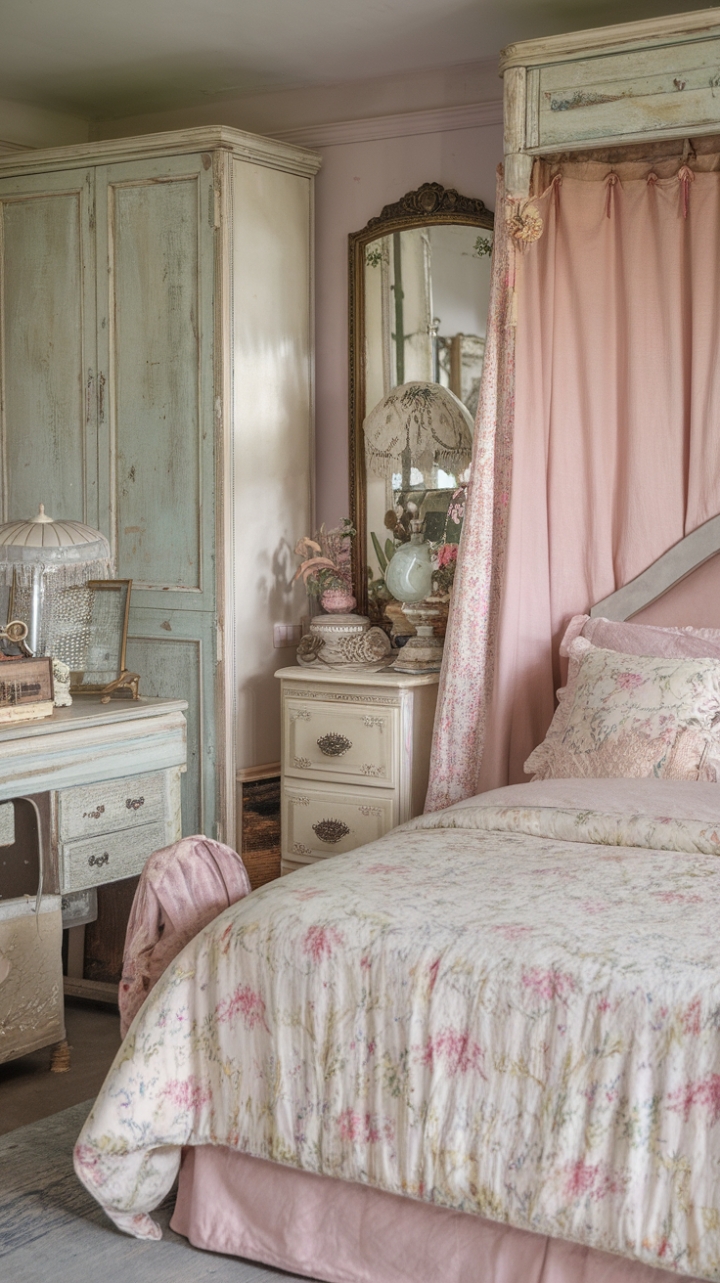 Escape to a sanctuary of feminine grace in this exquisitely styled vintage bedroom. Distressed furniture and antique décor create a captivating blend of rustic charm and delicate beauty. The pastel palette, complemented by a floral bedspread and thoughtfully chosen vintage accessories, evokes a sense of tranquil elegance. This is more than just a bedroom; it's a testament to timeless style and the enduring allure of shabby chic.