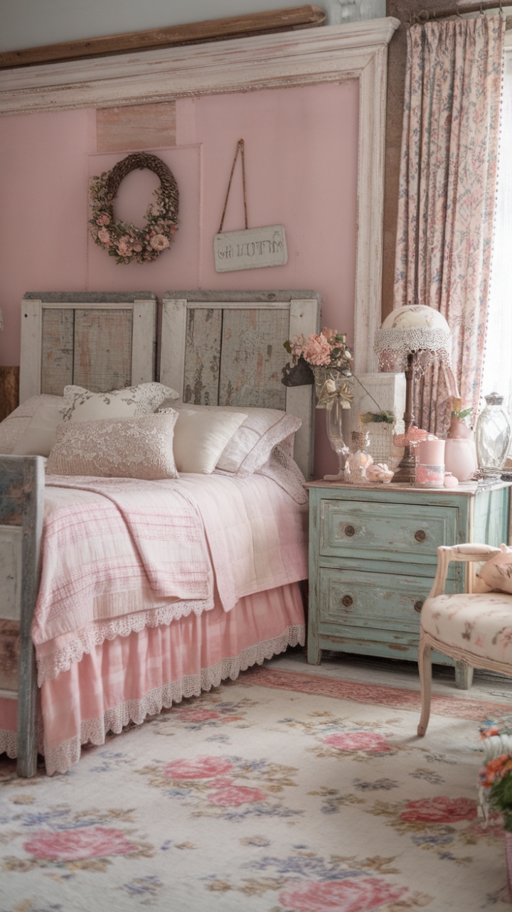 A charming shabby chic retreat, this vintage bedroom exudes rustic elegance with its distressed furniture and antique accents. Soft pastel hues create a soothing backdrop, complemented by a floral patterned rug that adds a touch of femininity. The reclaimed wood headboard lends rustic warmth, while delicate lace pillows and floral curtains enhance the room’s romantic vibe. Vintage accessories, including a decorative vase and a wreath adorning the wall, infuse character and nostalgia. This space beautifully balances rustic charm with feminine grace, inviting relaxation and timeless style.