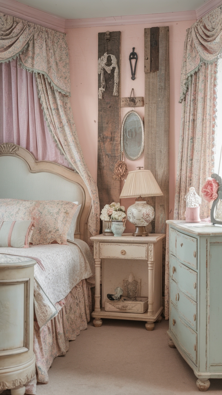 A charming vintage bedroom exudes shabby chic elegance with its soft pastel palette and distressed wooden furniture. The intricately carved headboard, delicate nightstand, and antique dresser evoke timeless appeal, while floral-patterned bedding and flowing curtains add a romantic touch. Reclaimed wood accents on the wall enhance the room’s rustic charm, complemented by vintage accessories like a classic lamp, an ornate mirror, and a delicate vase. A whimsical key detail subtly hints at stories of the past, creating a cozy, nostalgic retreat filled with character and warmth.