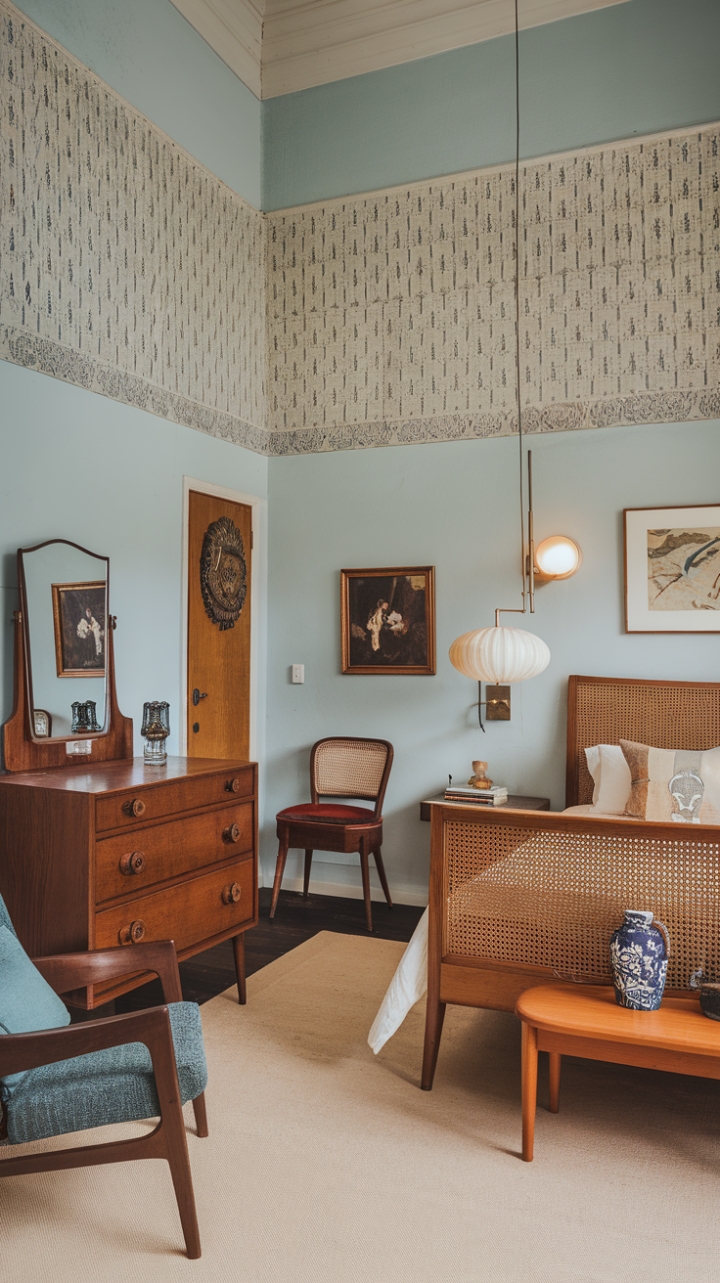 Step into a haven of refined vintage charm. This mid-century modern bedroom, bathed in soft blue light and adorned with a captivating patterned wallpaper, exudes effortless elegance. Antique furniture, including a stunning wooden dresser with a mirrored vanity and a woven headboard bed, creates a space that's both timeless and utterly inviting. The carefully curated details, from the vintage chair to the thoughtfully placed artwork, whisper tales of bygone eras while embracing contemporary comfort.