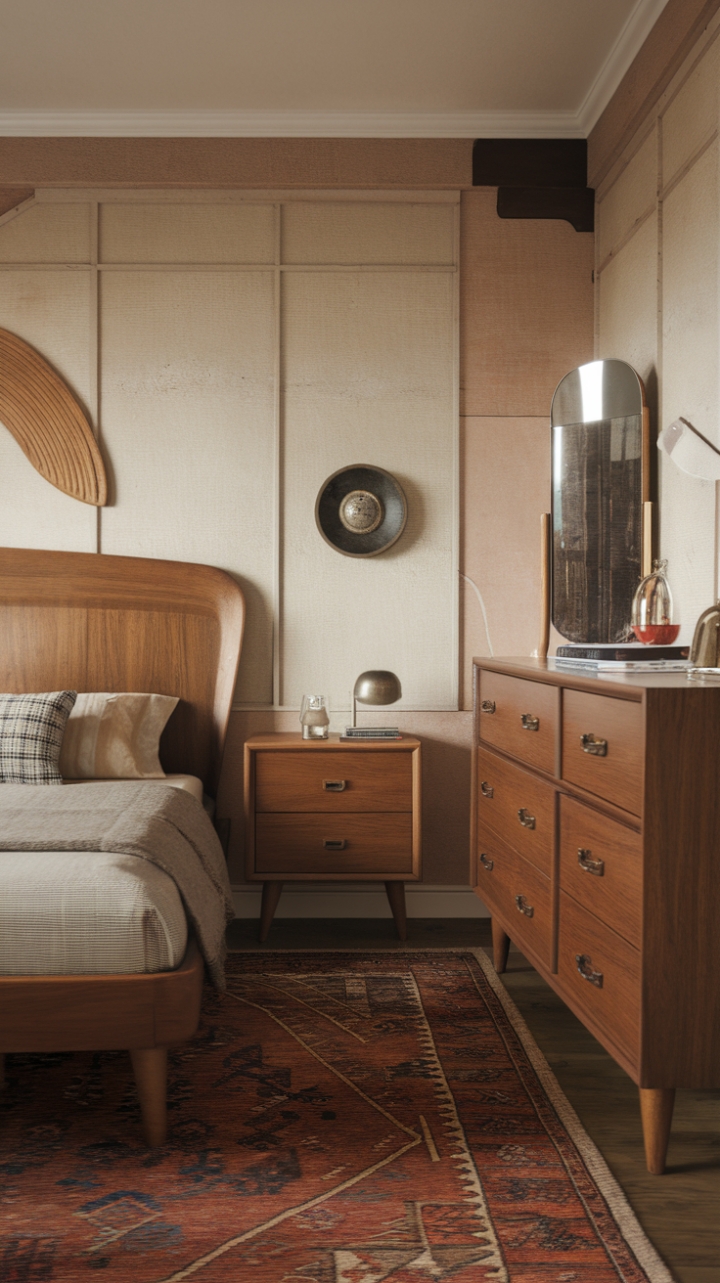 Embrace the retro revival in this stunning bedroom! A symphony of textures and vintage finds creates a space that's both stylish and inviting. The elegant curved headboard, paired with a statement dresser and a touch of ambient lighting, evokes a sense of timeless sophistication. This isn't just a bedroom; it's a curated escape, brimming with personality and a touch of nostalgic magic.