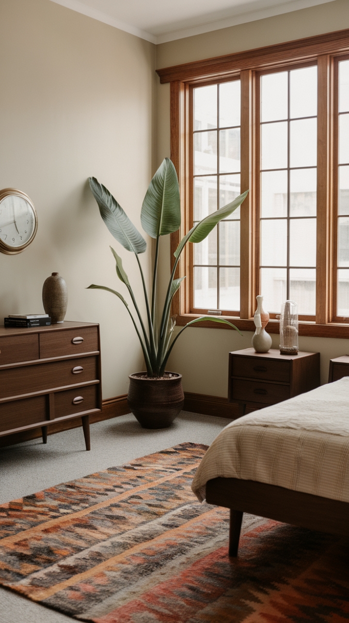 Step into a sanctuary of sophisticated serenity. This mid-century modern bedroom, bathed in natural light from expansive wood-framed windows, effortlessly blends vintage charm with contemporary comfort. Dark wood furniture with graceful curves anchors the space, complemented by a lush plant, a plush rug, and carefully curated accents. The overall effect is one of timeless elegance and understated luxury.