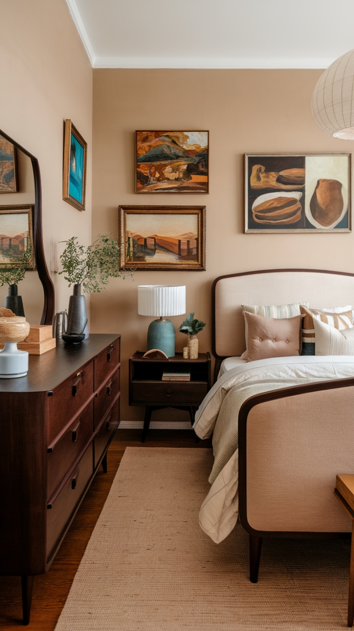 Indulge in the nostalgic allure of this exquisitely designed bedroom. The harmonious blend of mid-century modern furniture and vintage accents creates a space that's both sophisticated and comforting. From the rich tones of the dresser to the crisp white bedding, every detail speaks to a refined aesthetic, promising a haven of tranquility and timeless elegance.