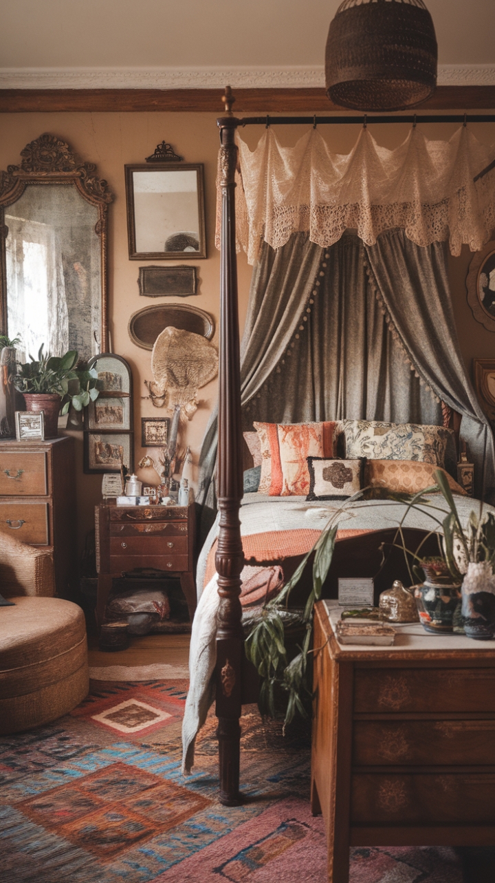 A captivating blend of vintage charm and bohemian flair, this eclectic bedroom exudes warmth and personality. The four-poster bed with its delicate lace canopy invites restful retreats, while antique mirrors and framed artwork adorn the walls, creating a curated gallery feel. Vintage furniture pieces, including a charming dresser, a cozy nightstand, and an inviting chair, contribute to the room’s layered character. Decorative pillows and a richly textured rug add comfort and visual interest, complemented by lush greenery that breathes life into the space. The overall ambiance is a harmonious sanctuary where timeless pieces and vibrant details come together in perfect, inviting harmony.