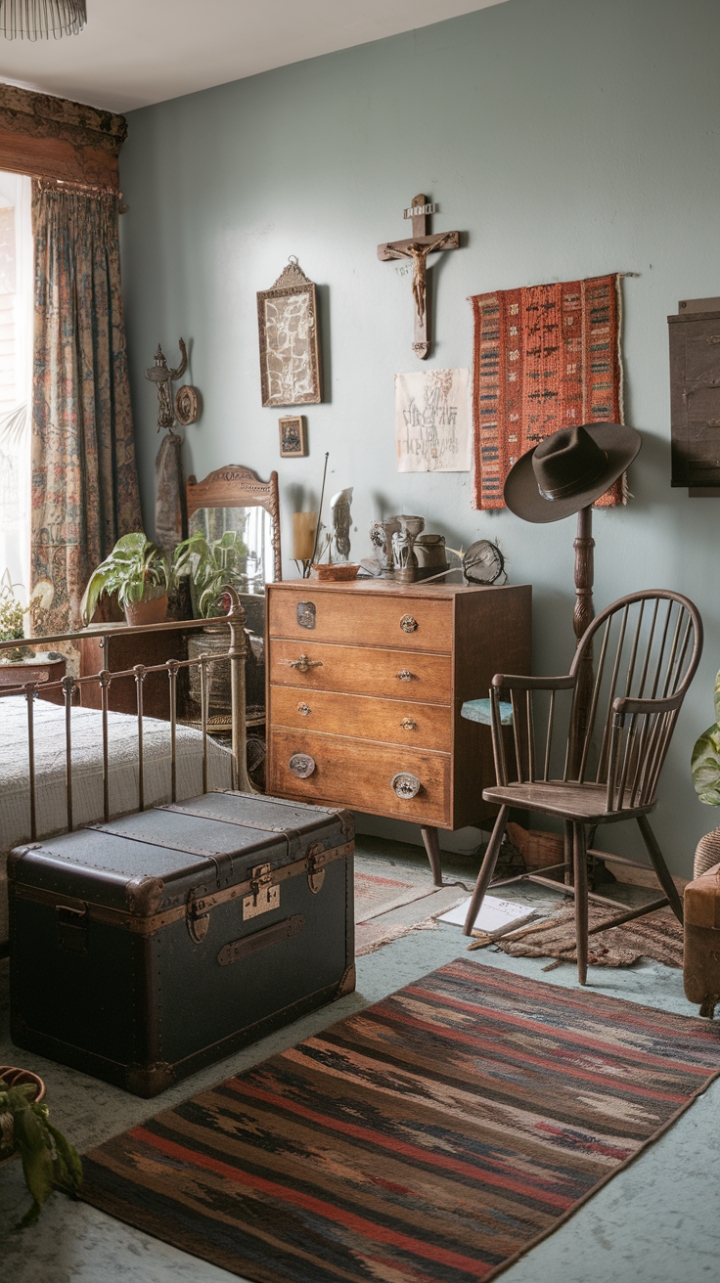 Step into a dreamy bohemian haven where vintage charm meets modern eclecticism. A wrought iron bed takes center stage, surrounded by a curated collection of antique treasures – a weathered trunk, a rustic dresser, and a spindle chair, all bathed in the soft glow of a light blue sanctuary. Patterned rugs anchor the space, while trailing plants and quirky accessories, like a lantern and hat stand, add layers of personality and unexpected delight. This isn't just a bedroom; it's a curated story whispered in faded fabrics and timeworn wood.