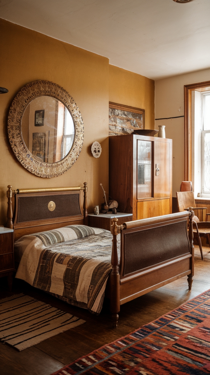 Step into a sun-drenched bohemian haven where vintage charm meets modern comfort. A brass-accented wooden bed, bathed in golden light, anchors the space, its headboard a masterpiece of retro elegance. A captivating circular mirror, echoing the brass details, adds depth and intrigue, while a curated collection of vintage furniture and a plush rug complete this effortlessly chic retreat. The warm, inviting atmosphere whispers tales of faraway lands and treasured memories.