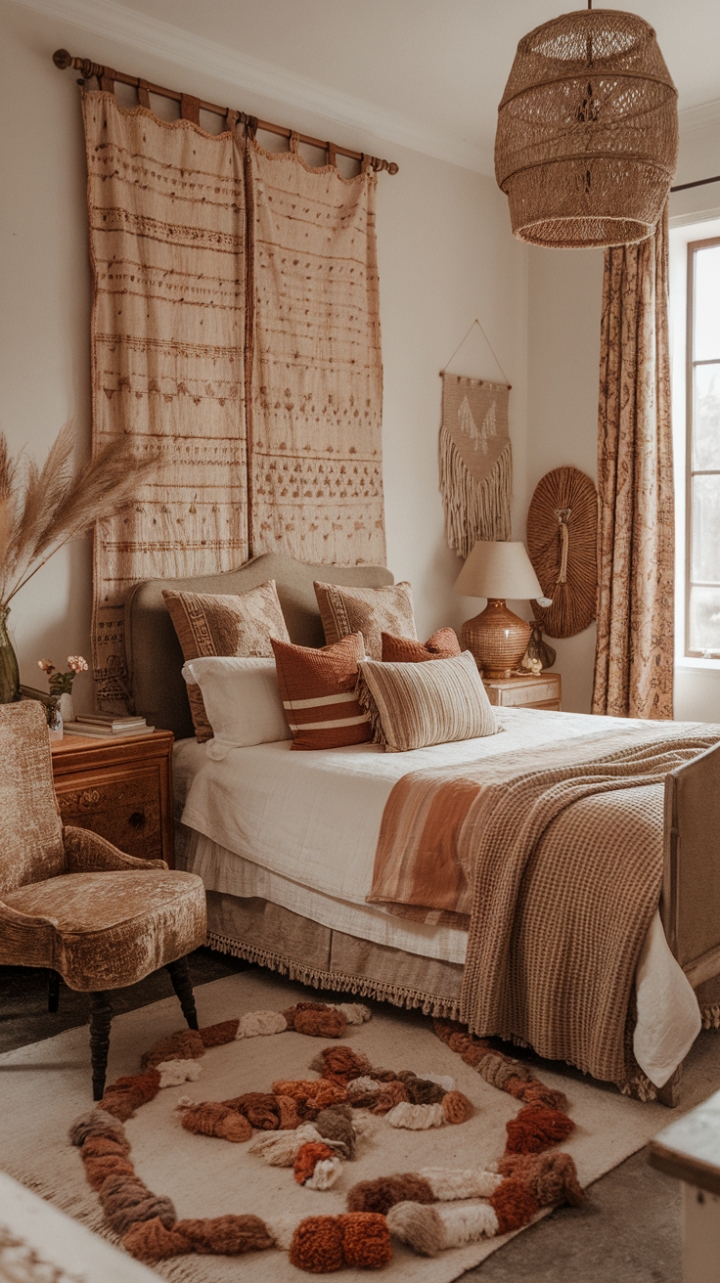 A captivating boho vintage bedroom exudes warmth and personality, blending antique furniture with textured textiles in an earthy palette. The eclectic mix of retro-inspired pieces and bohemian accents creates a cozy, inviting retreat that celebrates individuality and timeless charm. Rich layers of fabric, intricate patterns, and natural materials craft a space that feels both nostalgic and effortlessly stylish.